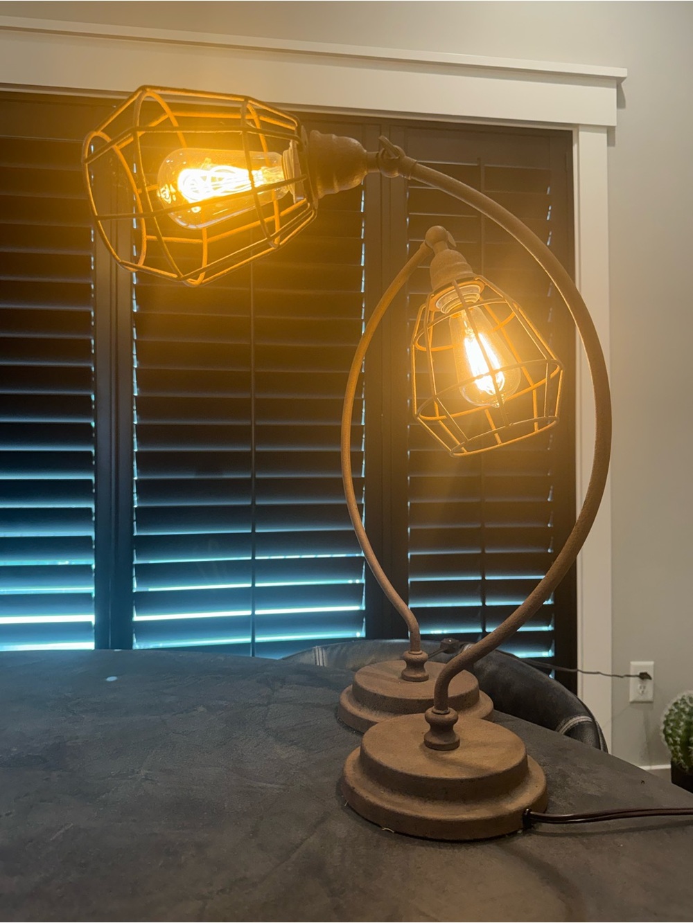 (2) Industrial Double Cage Table Lamps in Rust Finish
